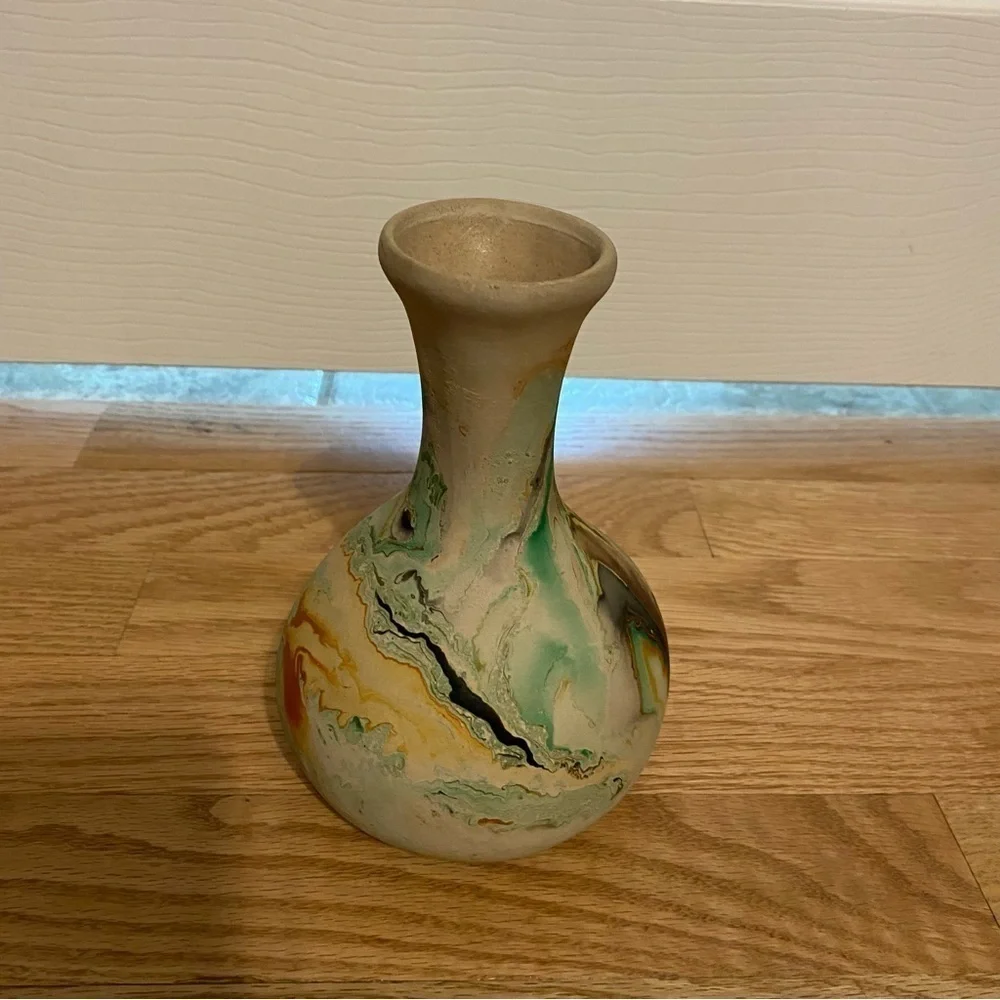 Vintage Nemadji Pottery Vase Watercolor Swirl Green Smoke Orange USA Made - Picture 4 of 5